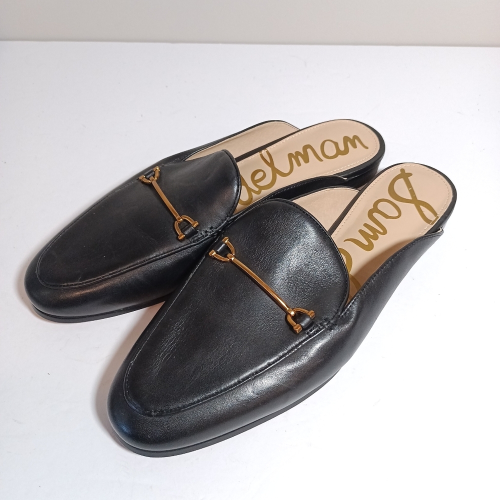 Sam Edelman Black Leather Backless Mules with Gold Horsebit